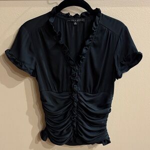 ANTONIO MELANI SILK Black Ruffled Blouse short V neck sleeve side zip / rushing